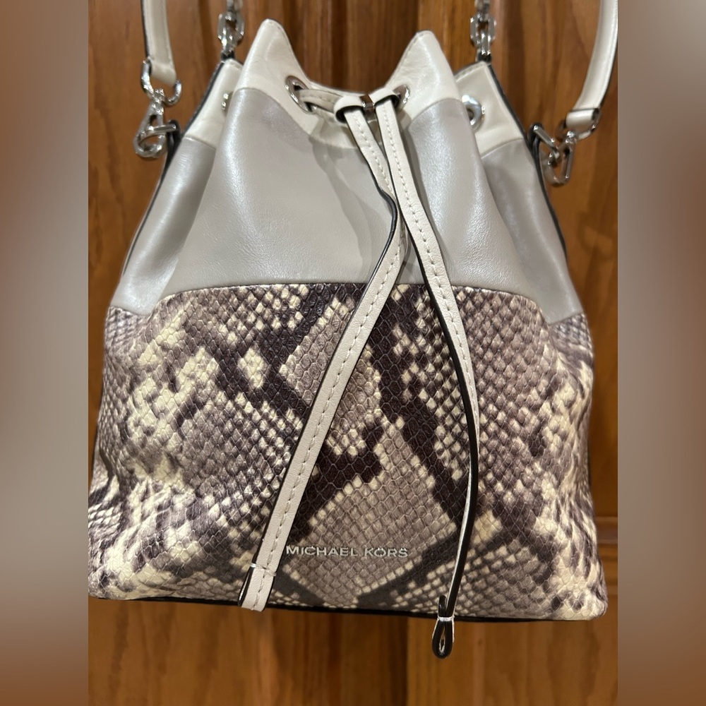 Michael Kors Dottie Snake Print Bucket Shoulder Bag with crossbody strap